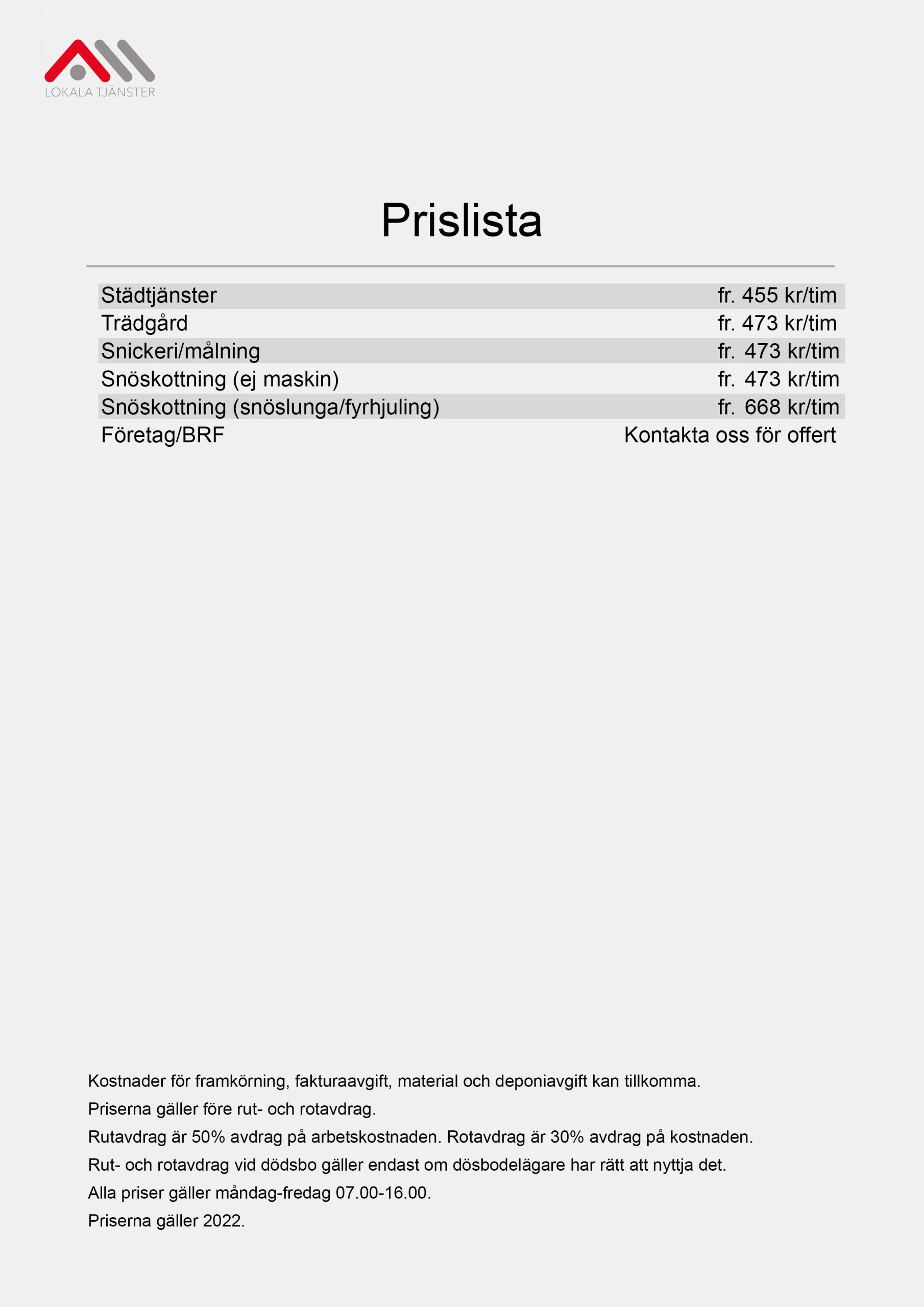 prislista 02.03.2022 Lokala Tjänster